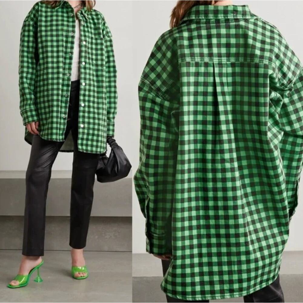Alexander Wang Jacket XS Gingham Check Oversize Cotton Denim Shirt In Green